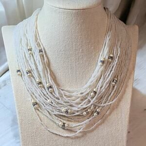 Stunning Vintage Seed Bead Necklace Multi Strand White Frosted Necklace